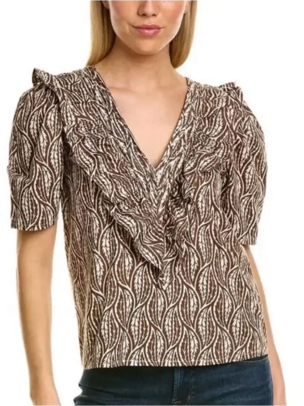 St. Roche Brown Leaf-Print Ruffle V-Neck Women's Top